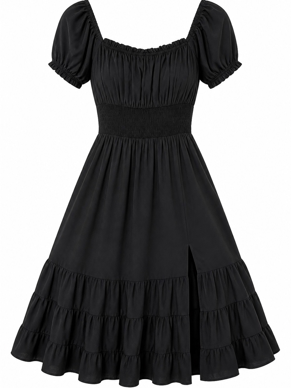 Black Puff-Sleeve Smocked Midi Dress - Women